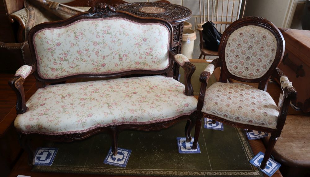 A Victorian apprentice settee, W.72cm, D.32cm, H.55cm and a chair, W.31cm, D.27cm, H.53cm